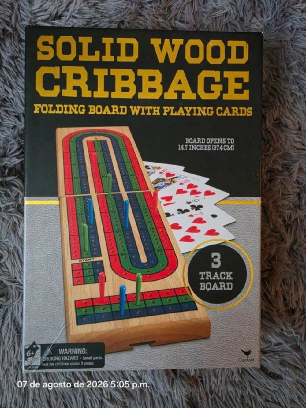 Cardinal Solid Wood Cribbage Folding Board Game 3-Track with Playing Cards